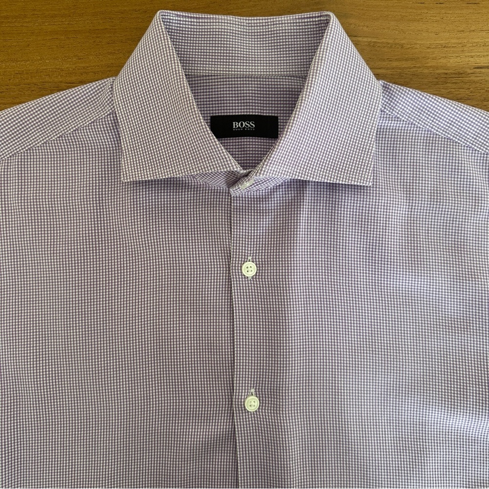 BOSS Men's Lavender Checkered Dress Shirt Size Medium - 15.5 32-33 - Nice Shirt